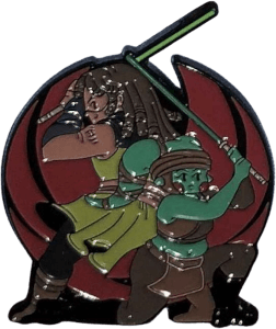 an enamel pin of quinlan vos and aayla secura standing back to back with their lightsabers lit, red jedi starbird behind them.